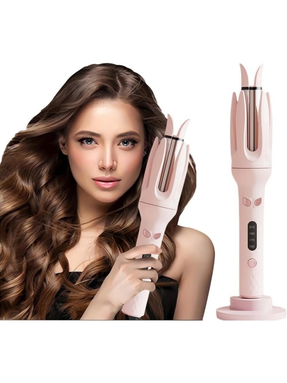 Automatic Rotating Curling Iron - 28mm, 4 Heat Settings, Anti-Tangle Wand, Pink